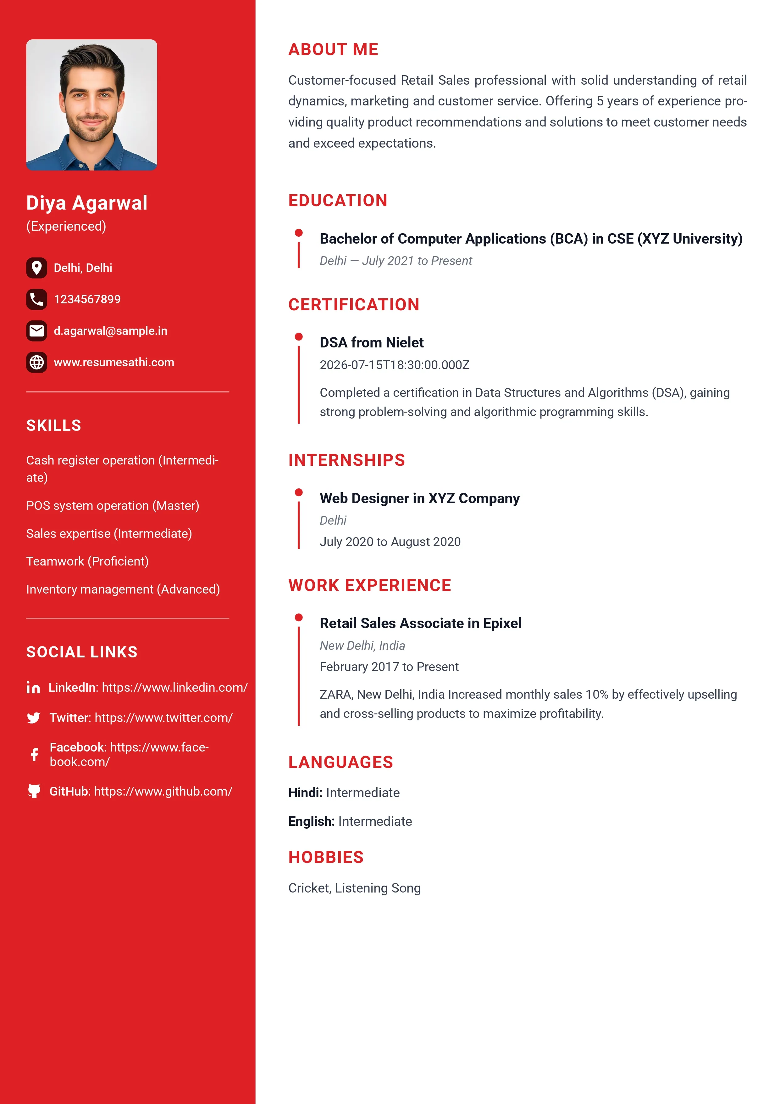 Modern Sidebar Resume — free ATS-friendly resume template preview A4 size